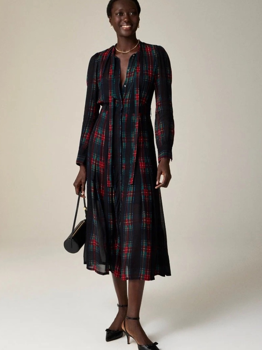 J.Crew Tie-neck dress in Stewart tartan viscose chiffon XS